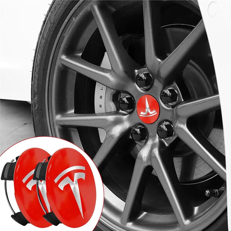 Knomix 4 Pack Exterior Decoration Wheel Center Cover for Tesla Model 3 Model Y,56mm Hubcaps Wheel Rim Cover Tesla Center Caps Hubcaps+20 Black Lug Nut Covers (Red+Silver Emblem) - Image 3